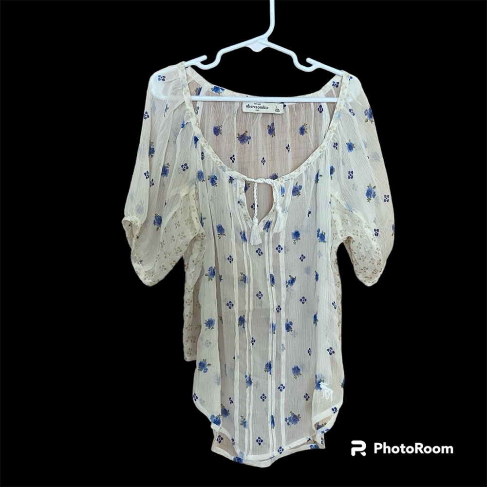 Abercrombie Kids Sheer Peasant Top - Cream w/ Blue Flowers - L Large